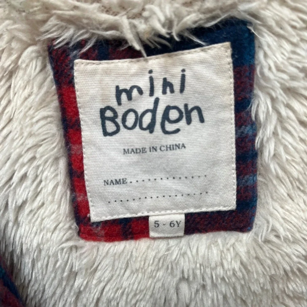 Mini Boden Kids Red‎ Plaid Wool Blend Duffle Coat Faux Fur Hood 5-6Y